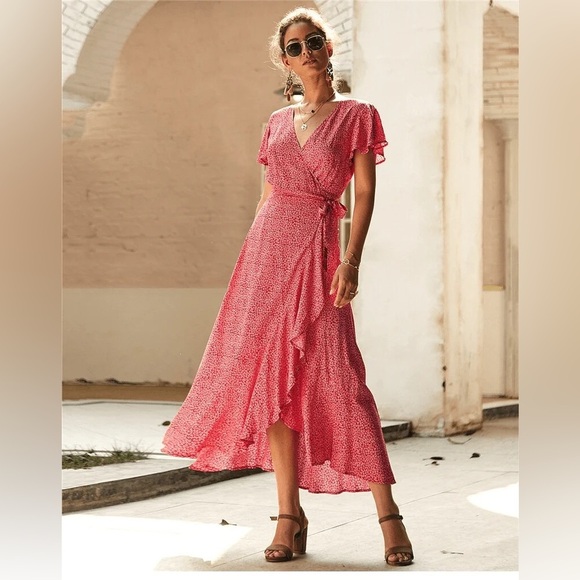 Max Studio Red Floral High Low Wrap Dress Small - Picture 1 of 16